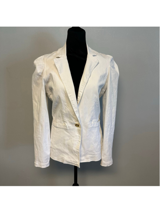 Glam Jackets & Blazers - Elan Anthropology White Denim Blazer with Gold Button Size Medium collared